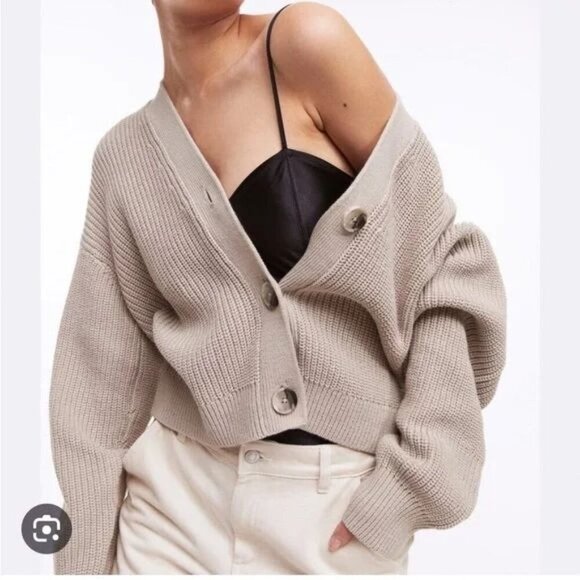 H&M Rib Knit Wool Button Front Loose Oversized Fit Cardigan Sweater Top Taupe - Picture 1 of 8